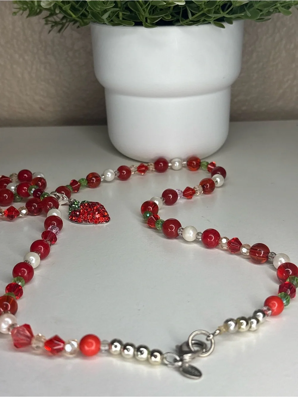 Chico’s Crystal Rhinestone Strawberry Beaded Statement Necklace Red White Green